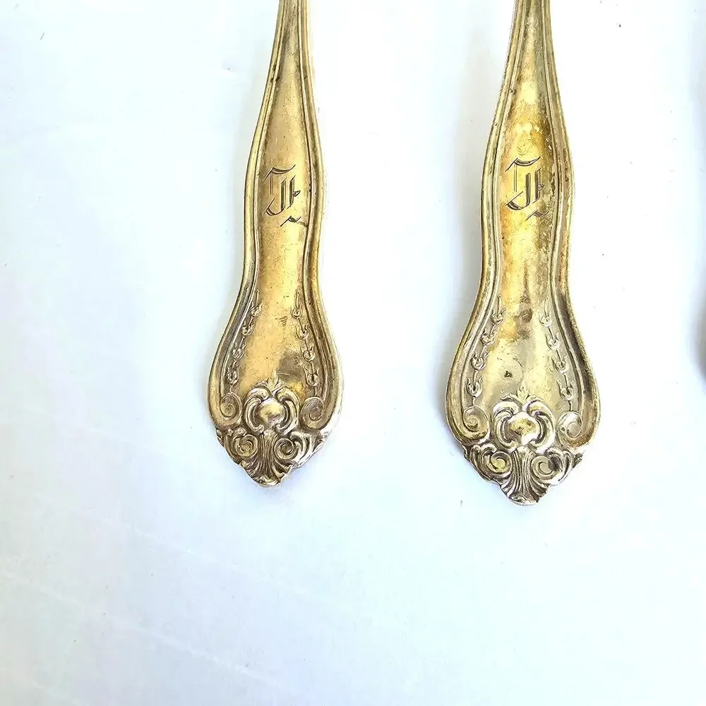 Antique Silver Plate Tablespoons 5 Monogramed Scroll Motif Unmarked Gilded Age